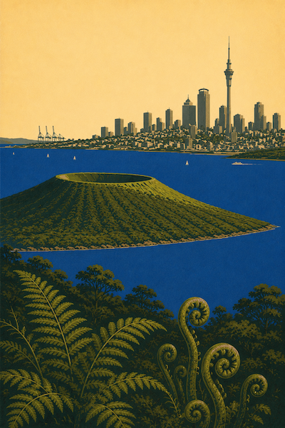 Auckland harbour and volcanic cone